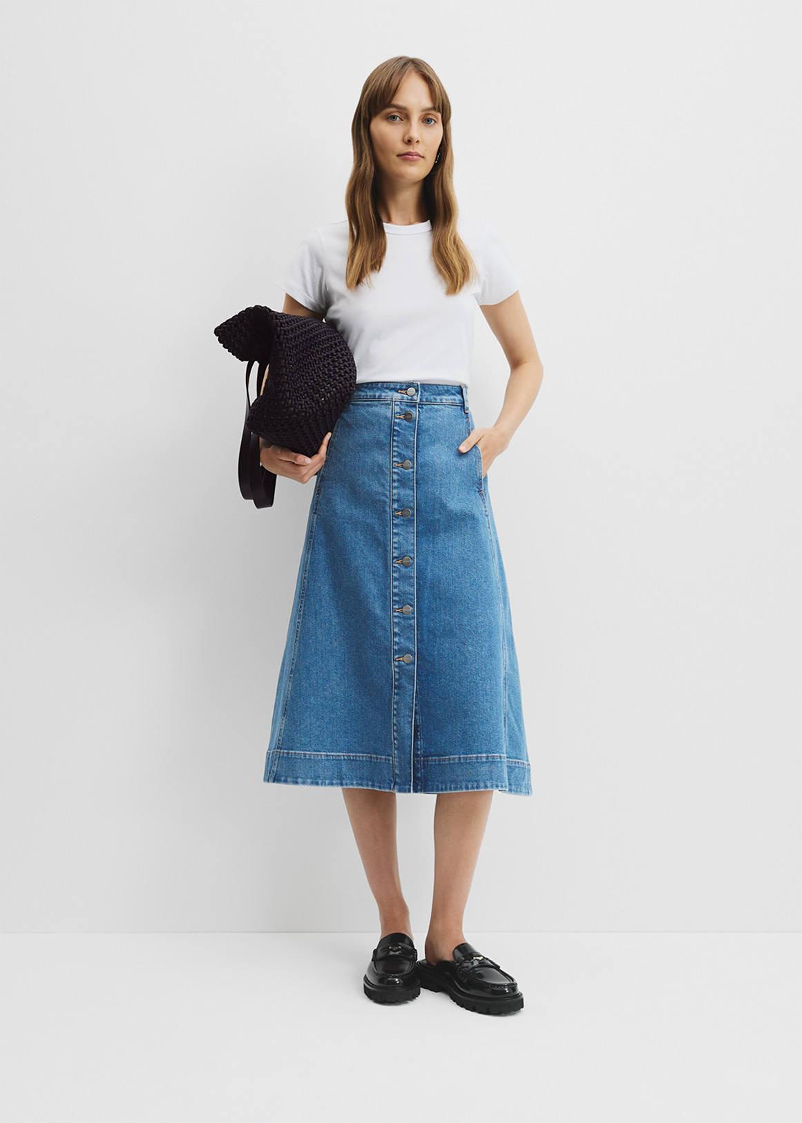 A-Line Denim Midi Skirt