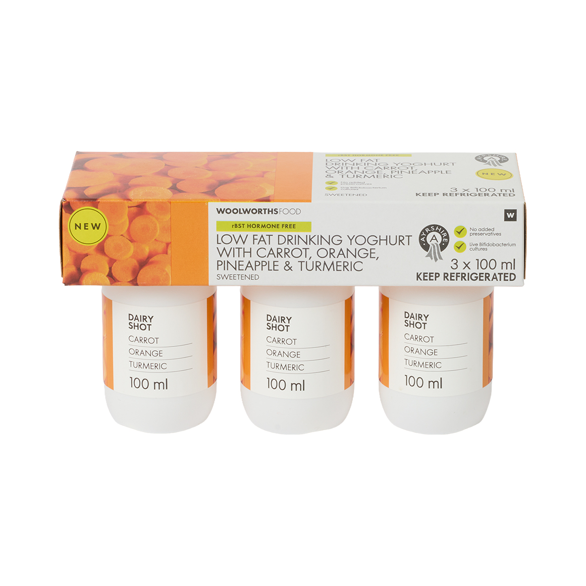 Ayrshire Low Fat Drinking Yoghurt with Carrot, Orange, Pineapple & Turmeric 3 x 100 ml