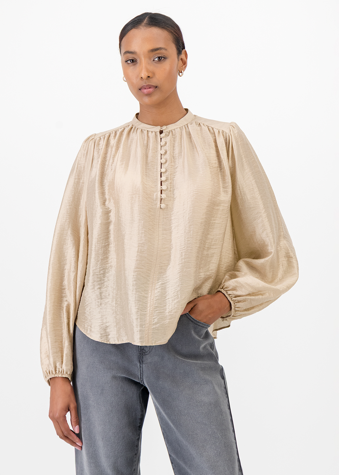 Balloon Sleeve Mandarin Blouse