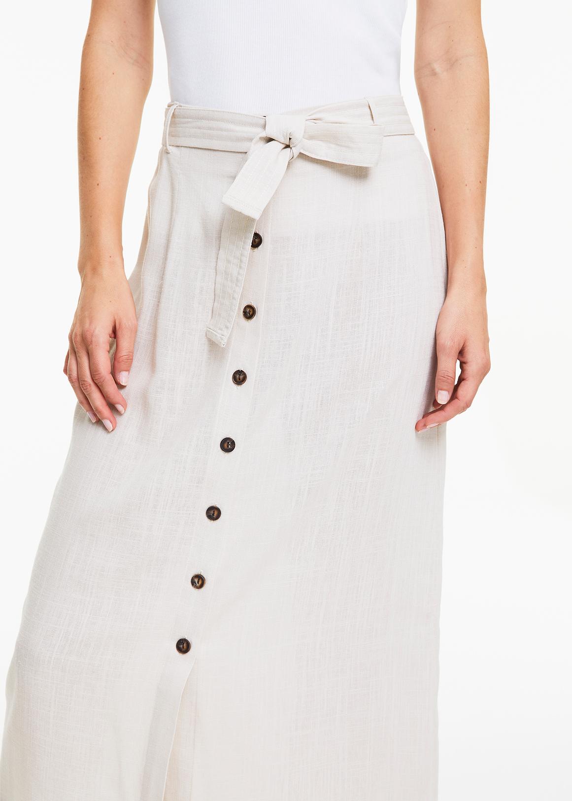 Belted Button Linen Blend Midi Skirt