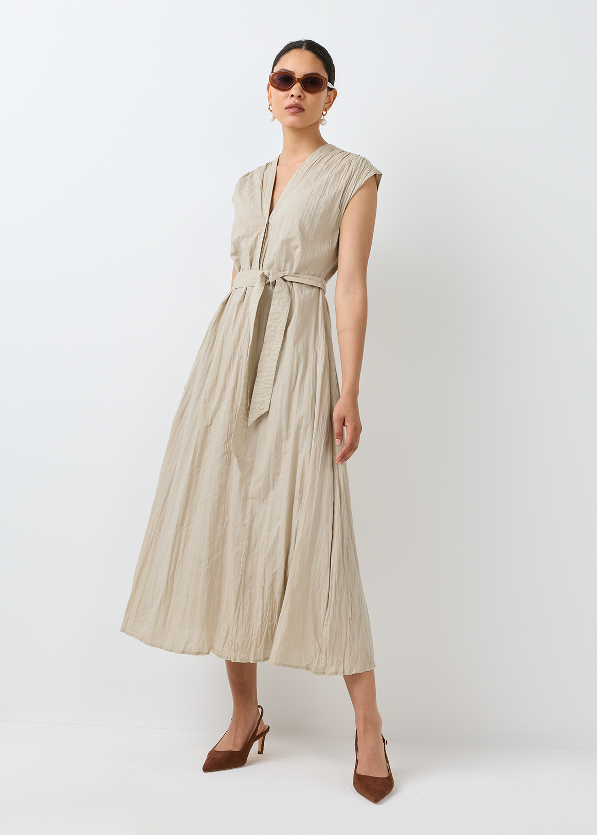 Belted Crushed Cotton Maxi Shirt Dress