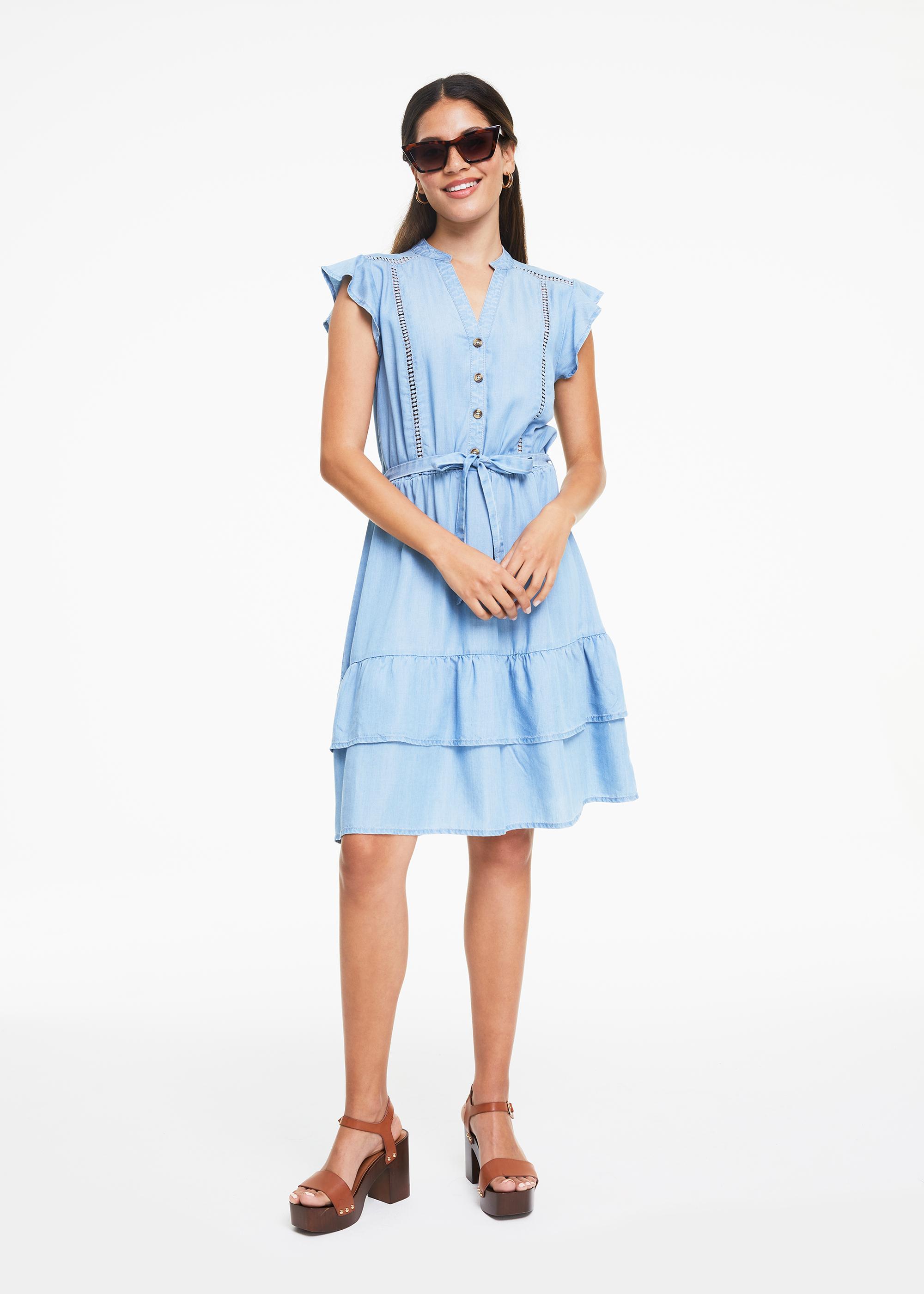 Belted Flounce Sleeve Tiered Denim Dress