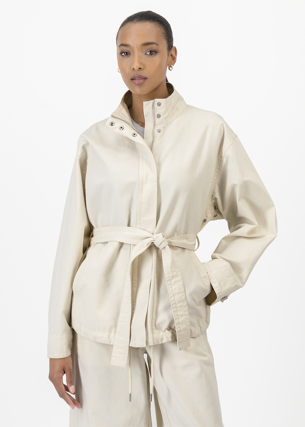 Belted Funnel Neck Cotton Jacket