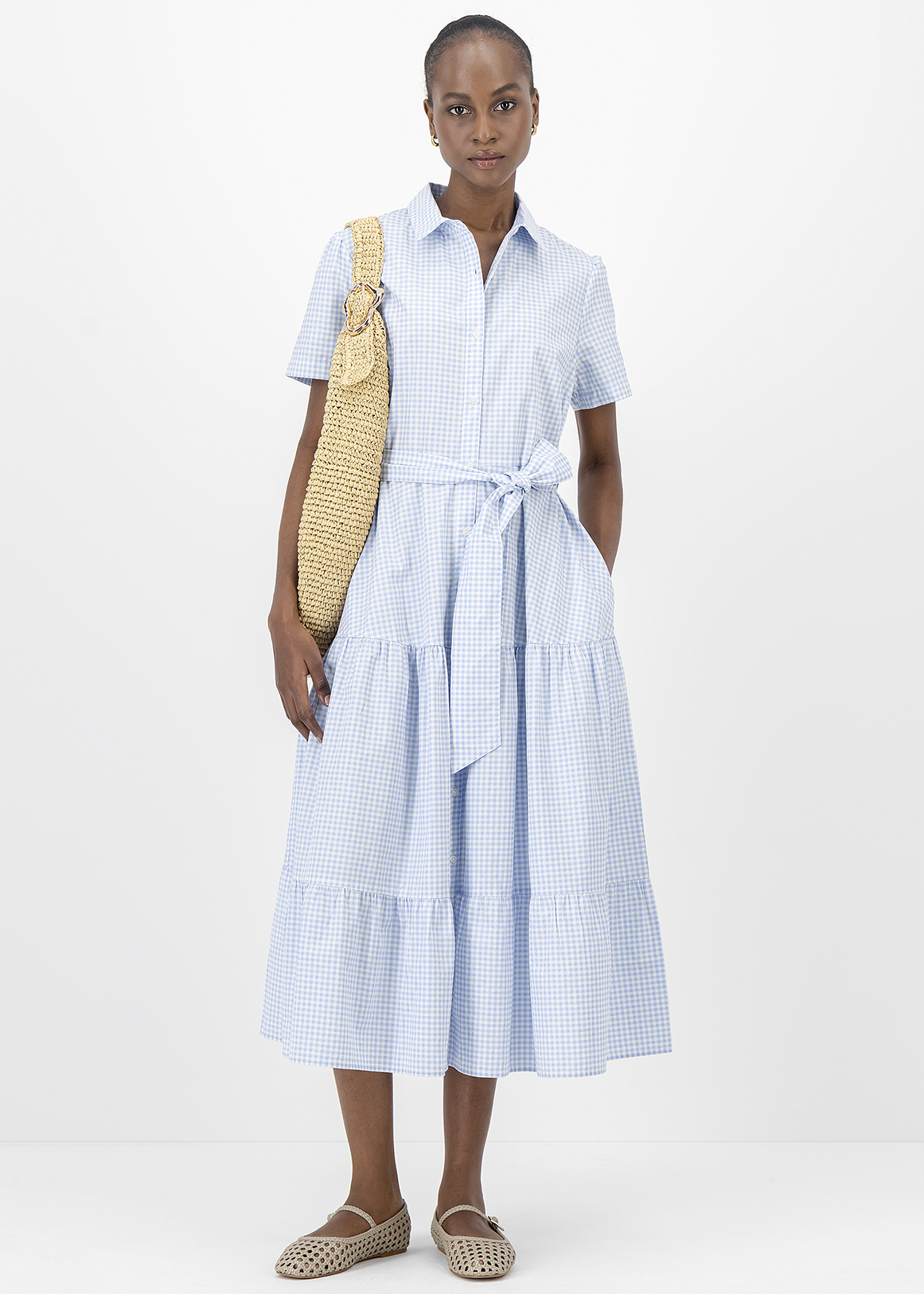 Belted Gingham Tiered Poplin Maxi Shirt Dress