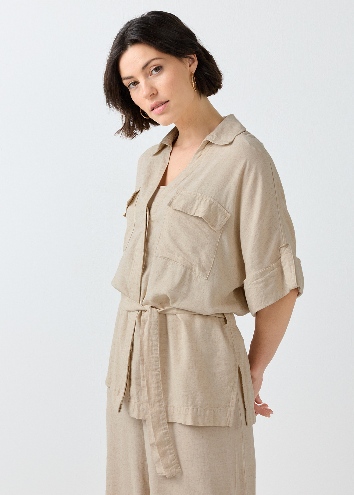 Belted Linen Blend Utility Shirt