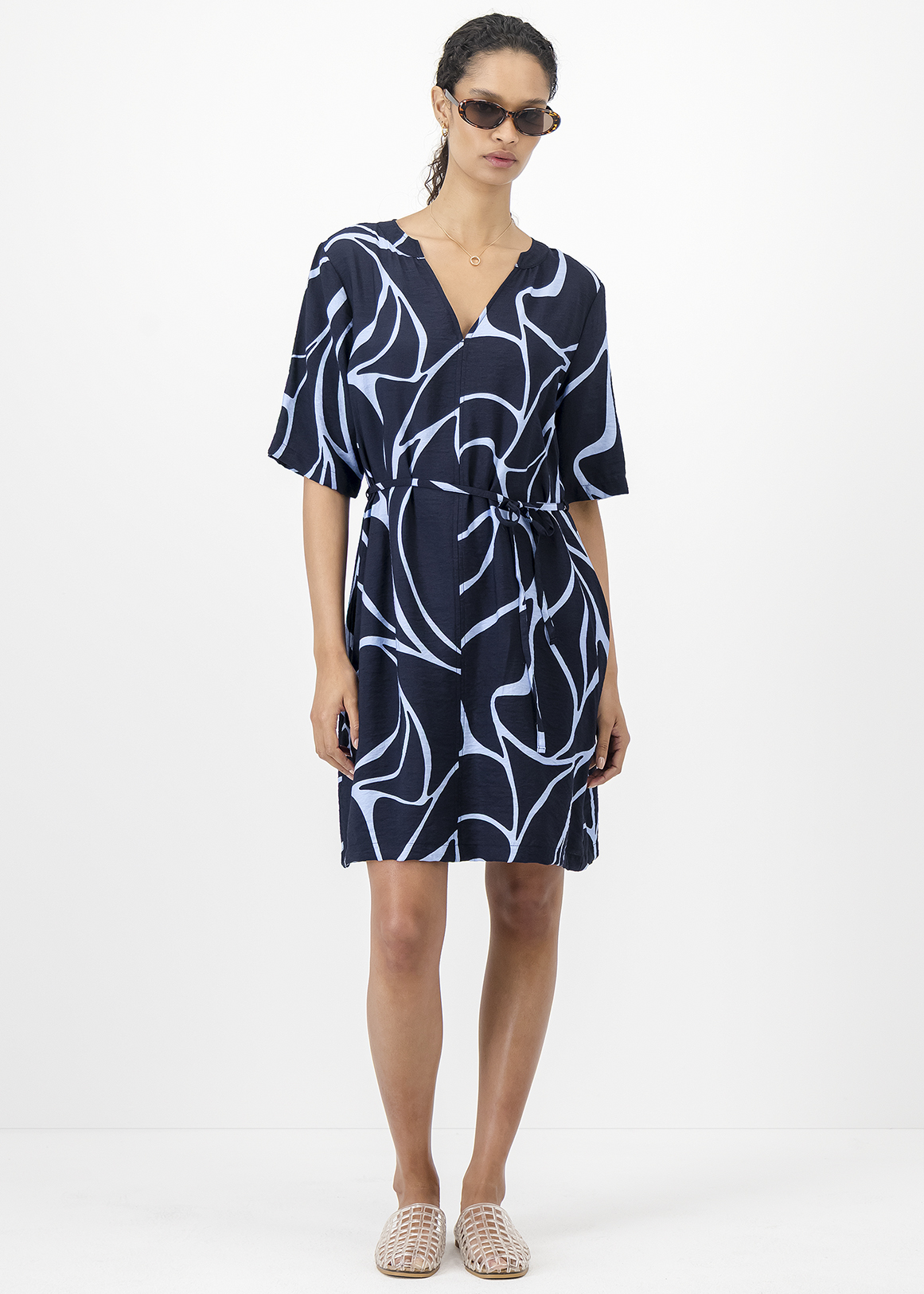 Belted Notched Mandarin Tunic Dress