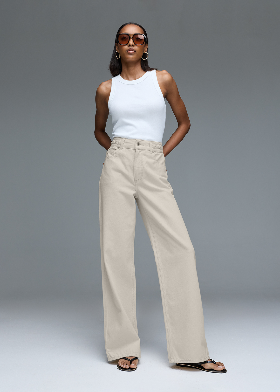 Braided High Rise Relaxed Fit Cotton Wide Leg Jeans