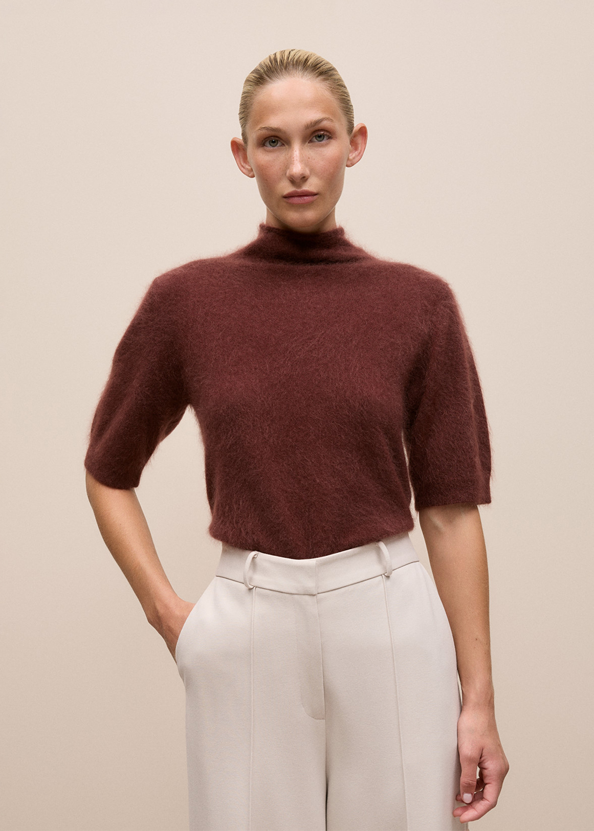 Brushed Cashmere Mock Neck T-Shirt