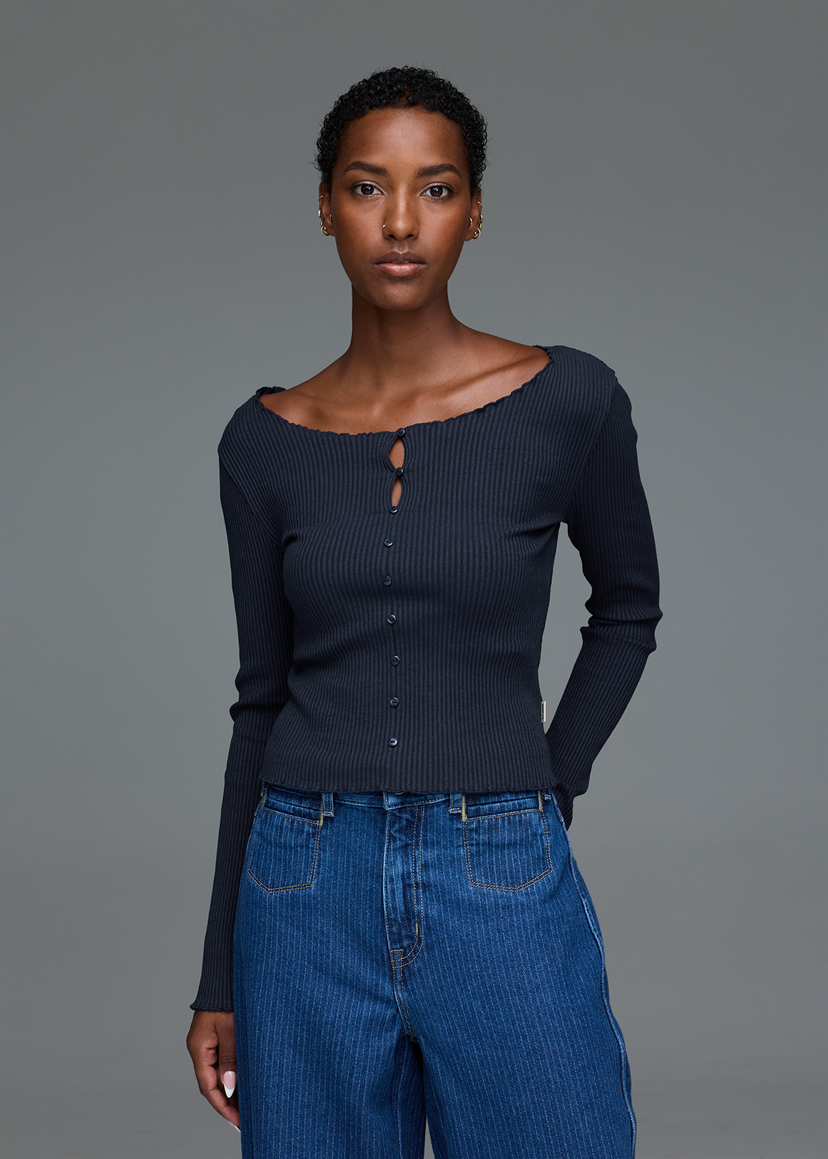 Button Detail Ribbed Stretch Cotton T-shirt