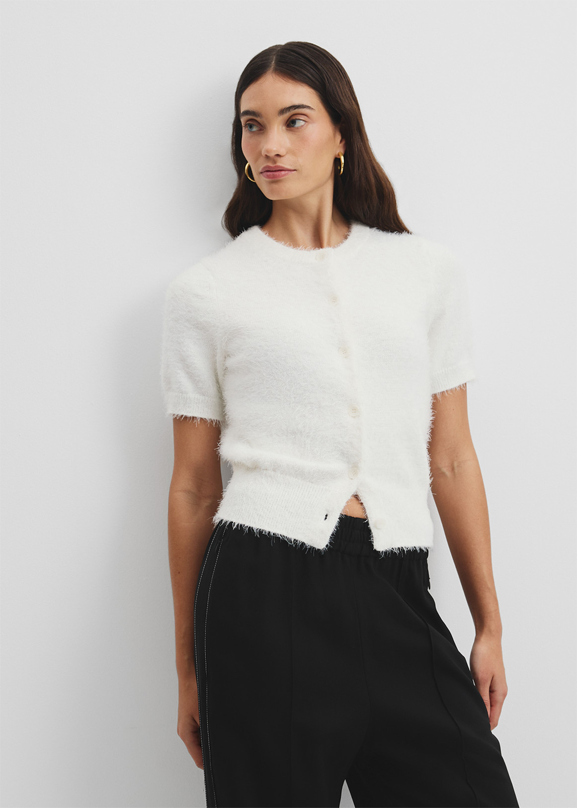 Button Fluffy Knit T-Shirt