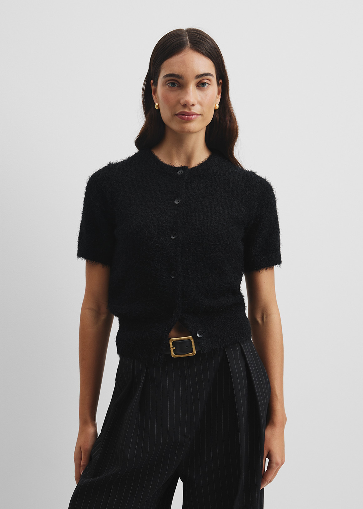 Button Fluffy Knit T-Shirt