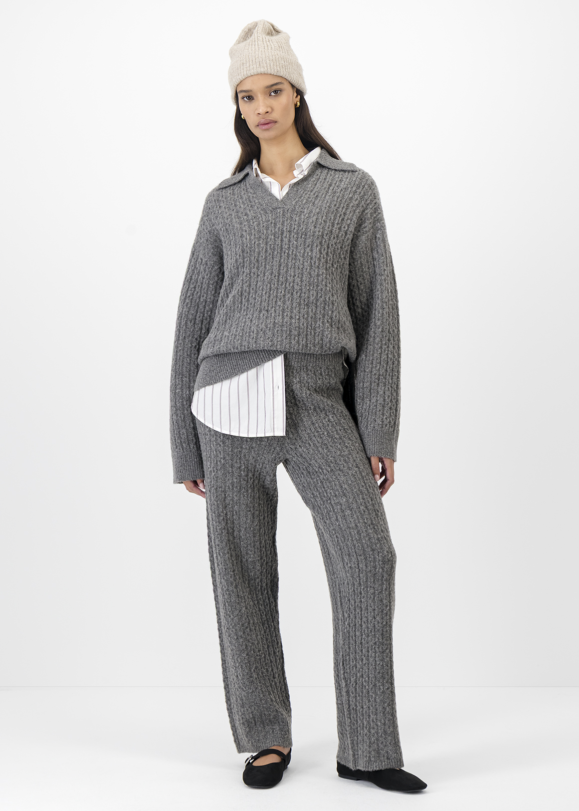 Cable Knit Wool Blend Wide Leg Pants