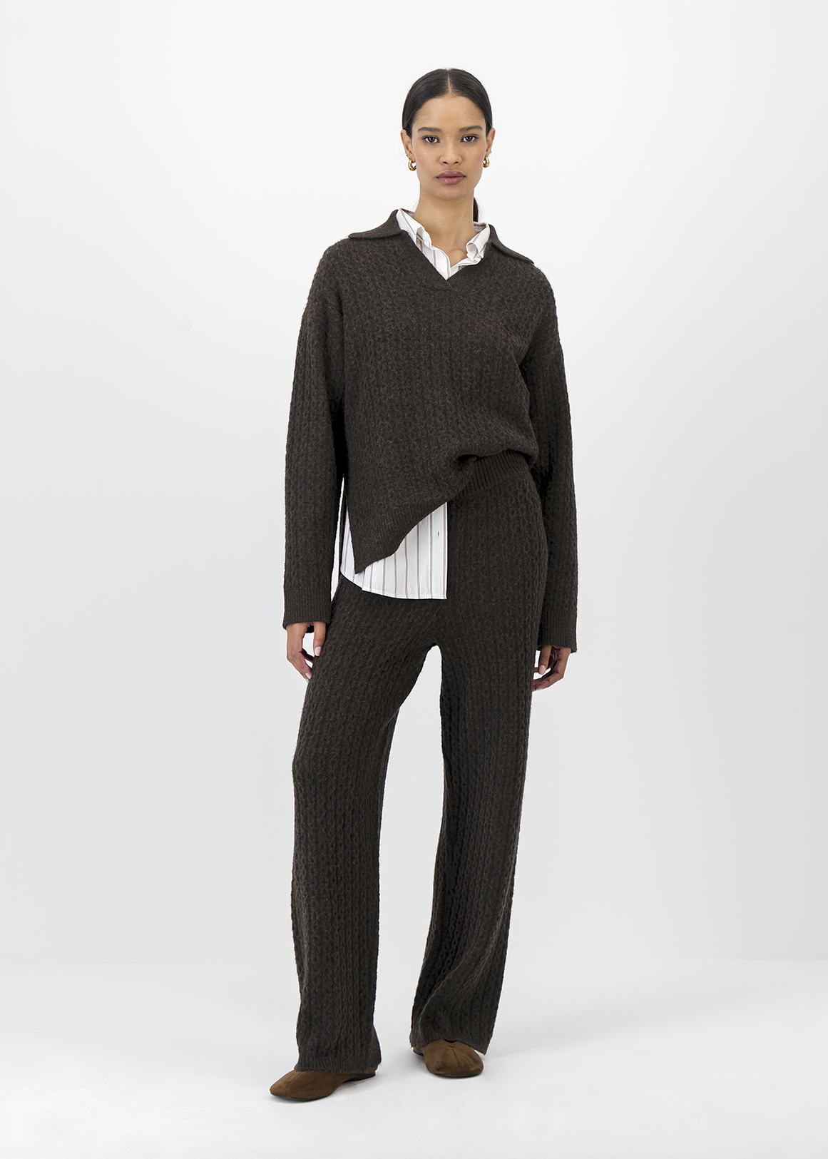 Cable Knit Wool Blend Wide Leg Pants