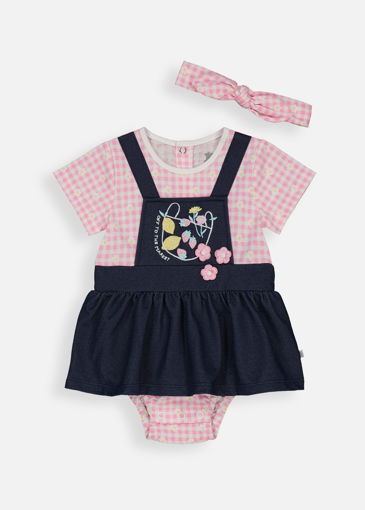 Check Pinafore Cotton Romper & Headband Set