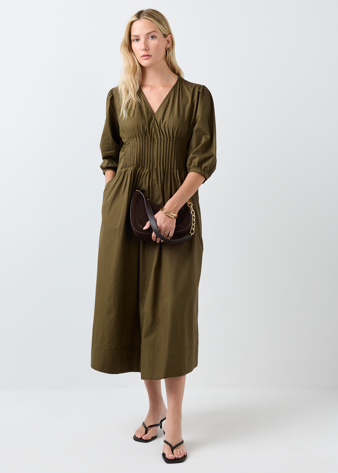Cinched Waist Poplin Midi Dress