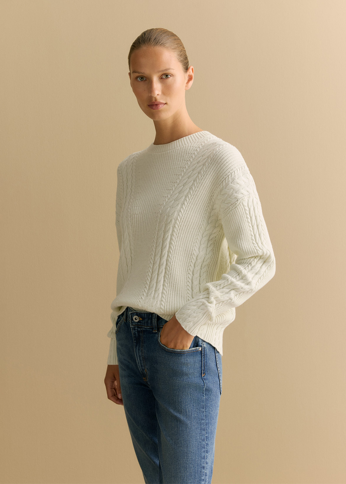 Cotton Cashmere Mixed Cable Crew Knit