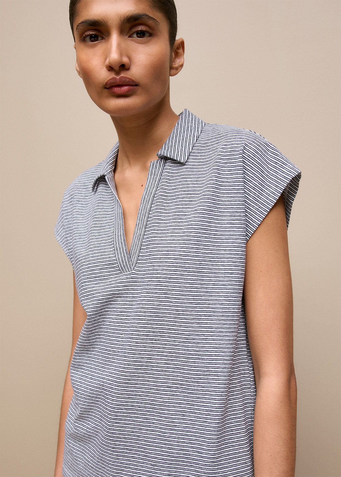 Cotton Linen Stripe Relaxed Cap Sleeve Polo