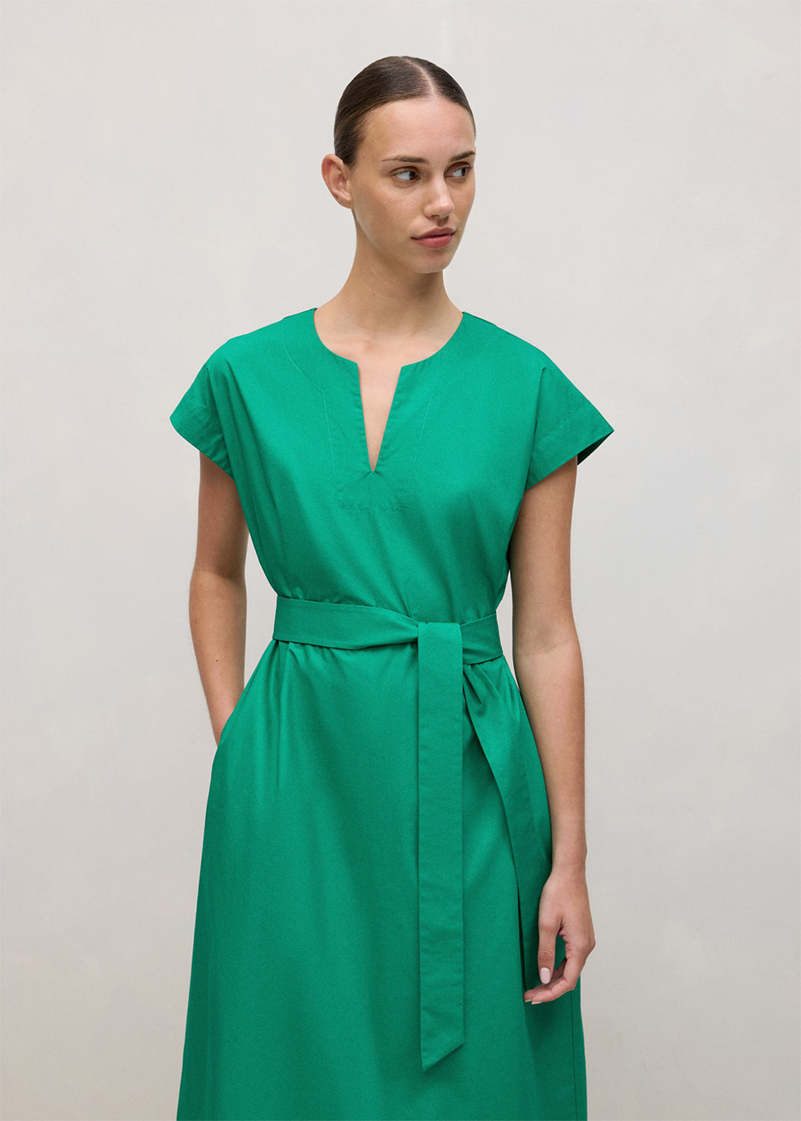 Cotton Poplin Cap Sleeve Belted Dress