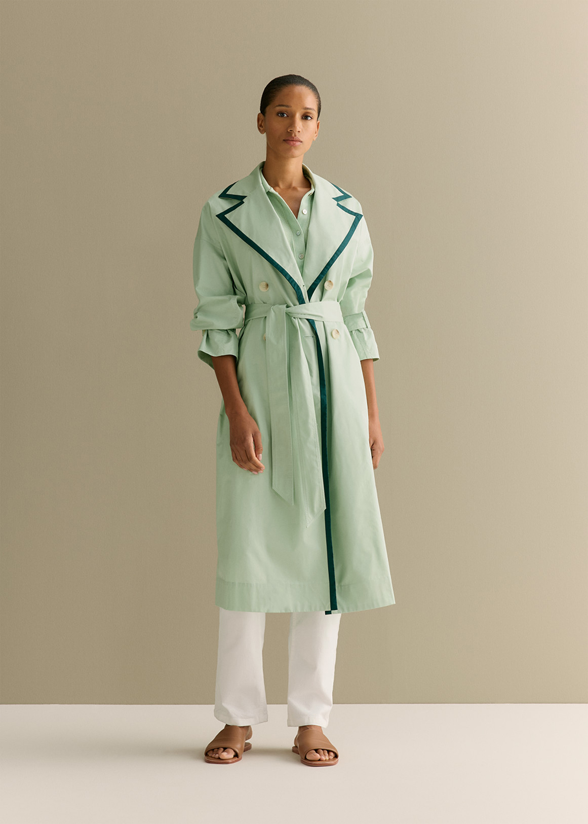 Cotton Sateen Contrast Trim Trench Coat