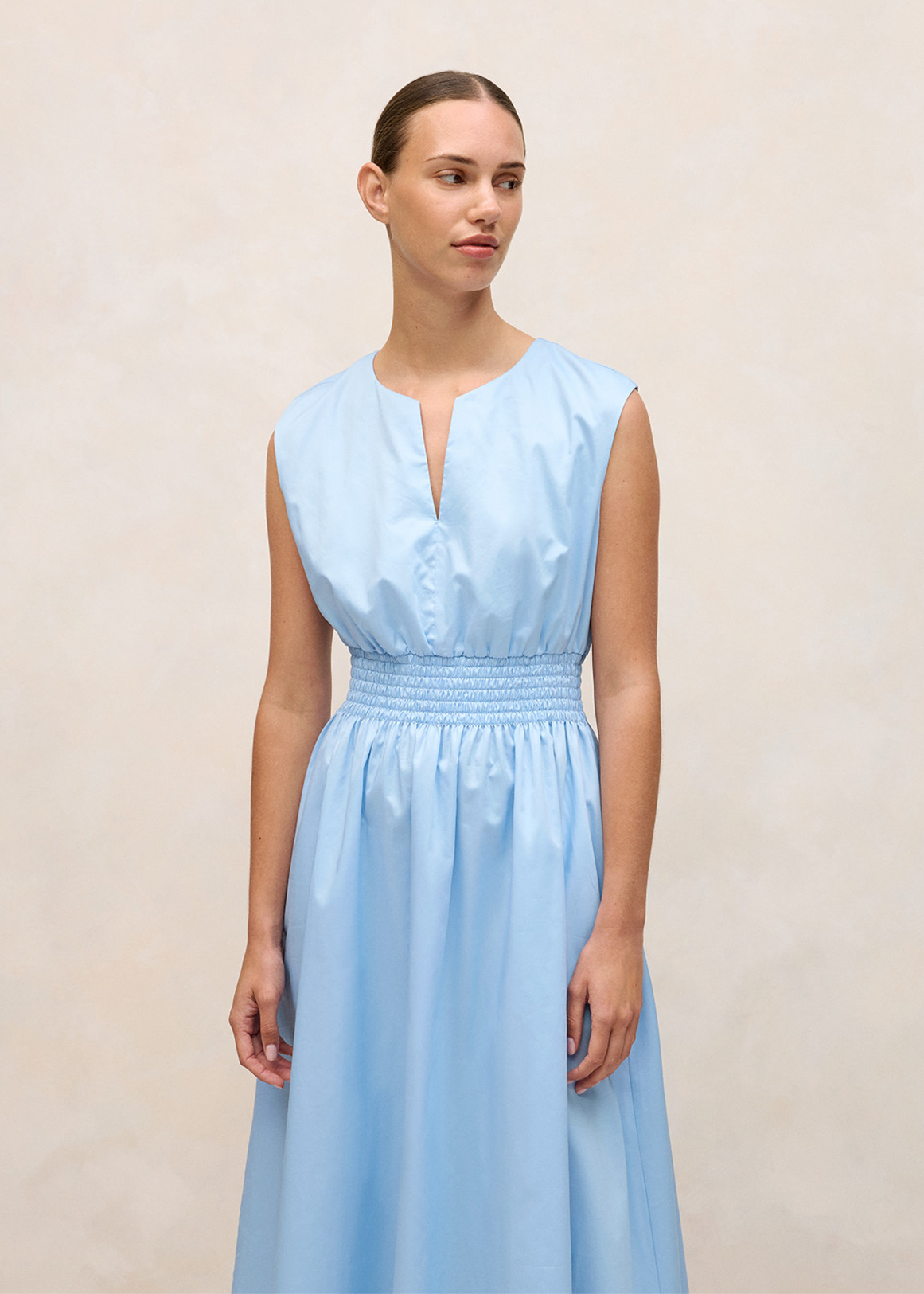 Cotton Sateen Shirred Waist Dress