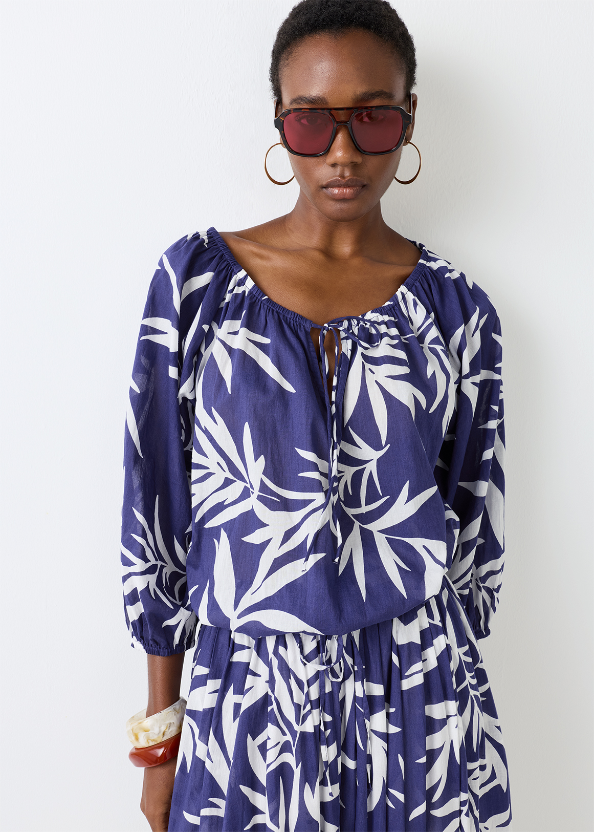 Cropped Balloon Sleeve Relaxed Fit Cotton Blouse