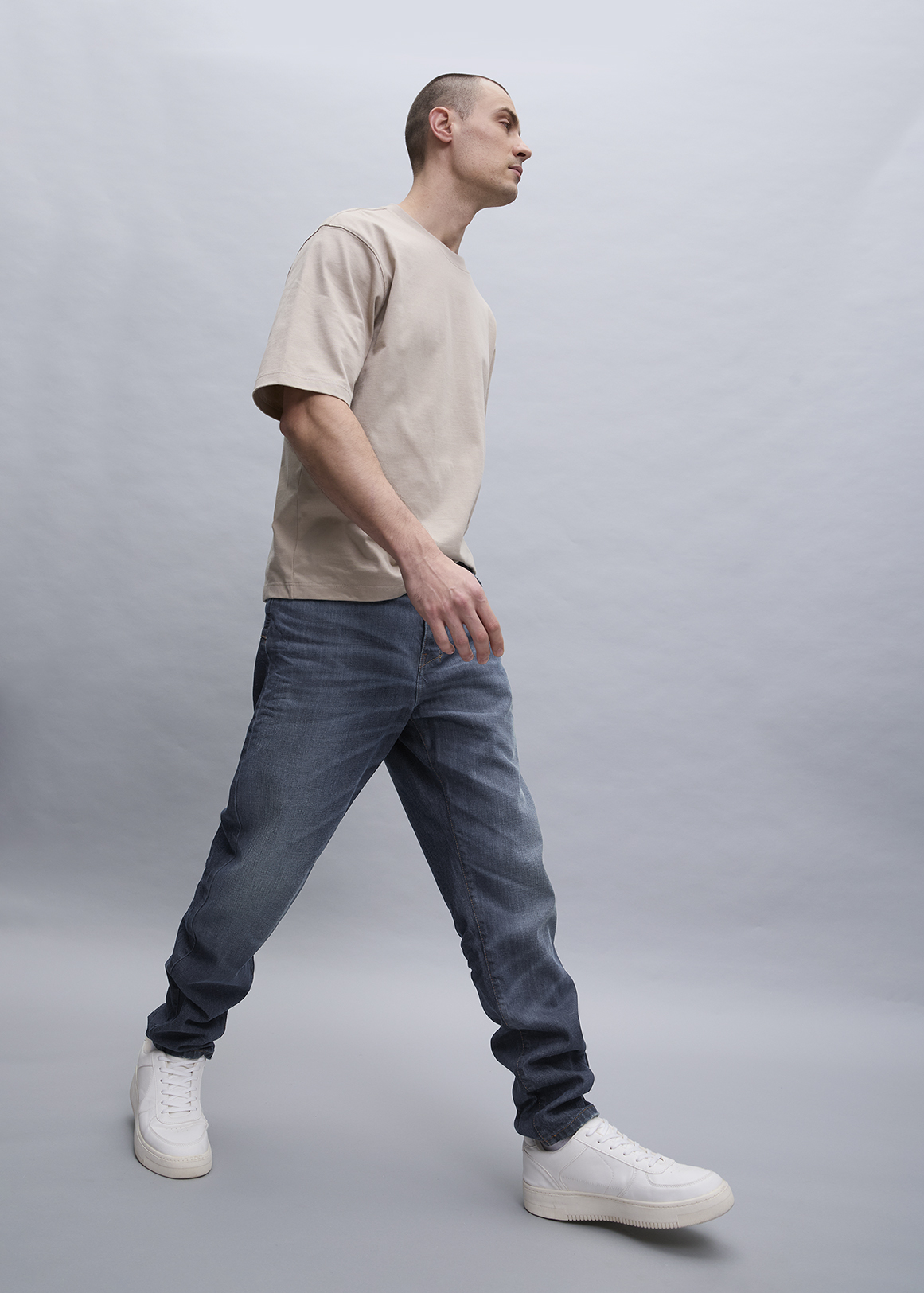 Dark Blue Distressed Tapered Jeans