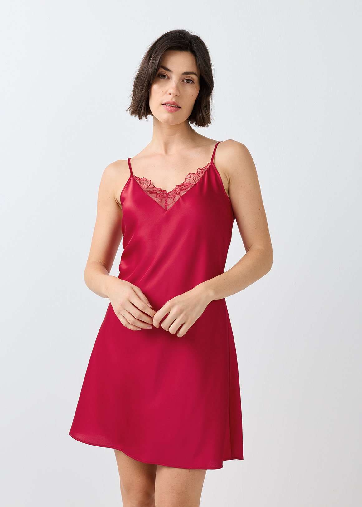 Embroidery Lace Inset Satin Chemise