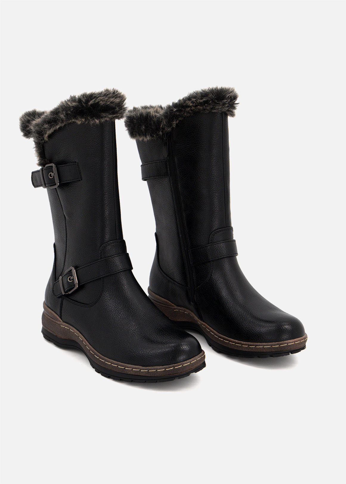Faux Fur Trim Double Buckle Mid Calf Boots