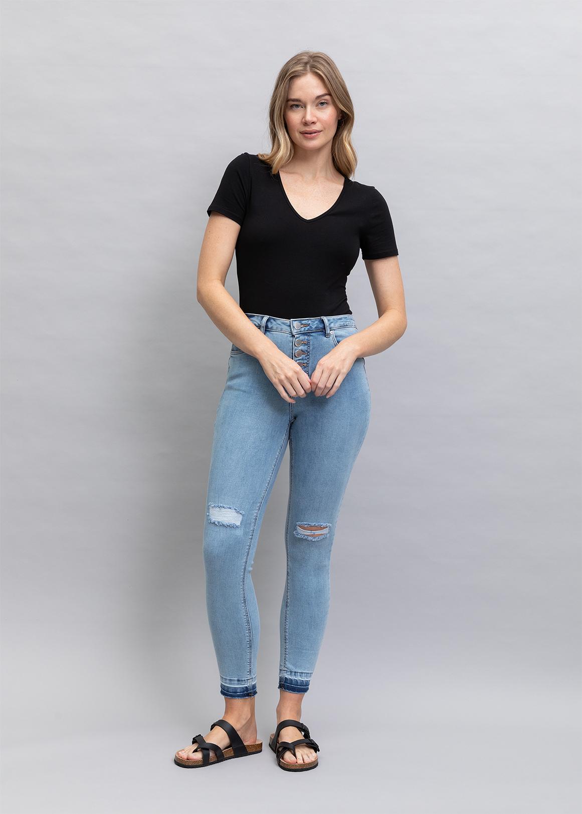 Frayed Hem High Rise Buttoned Skinny Jeans