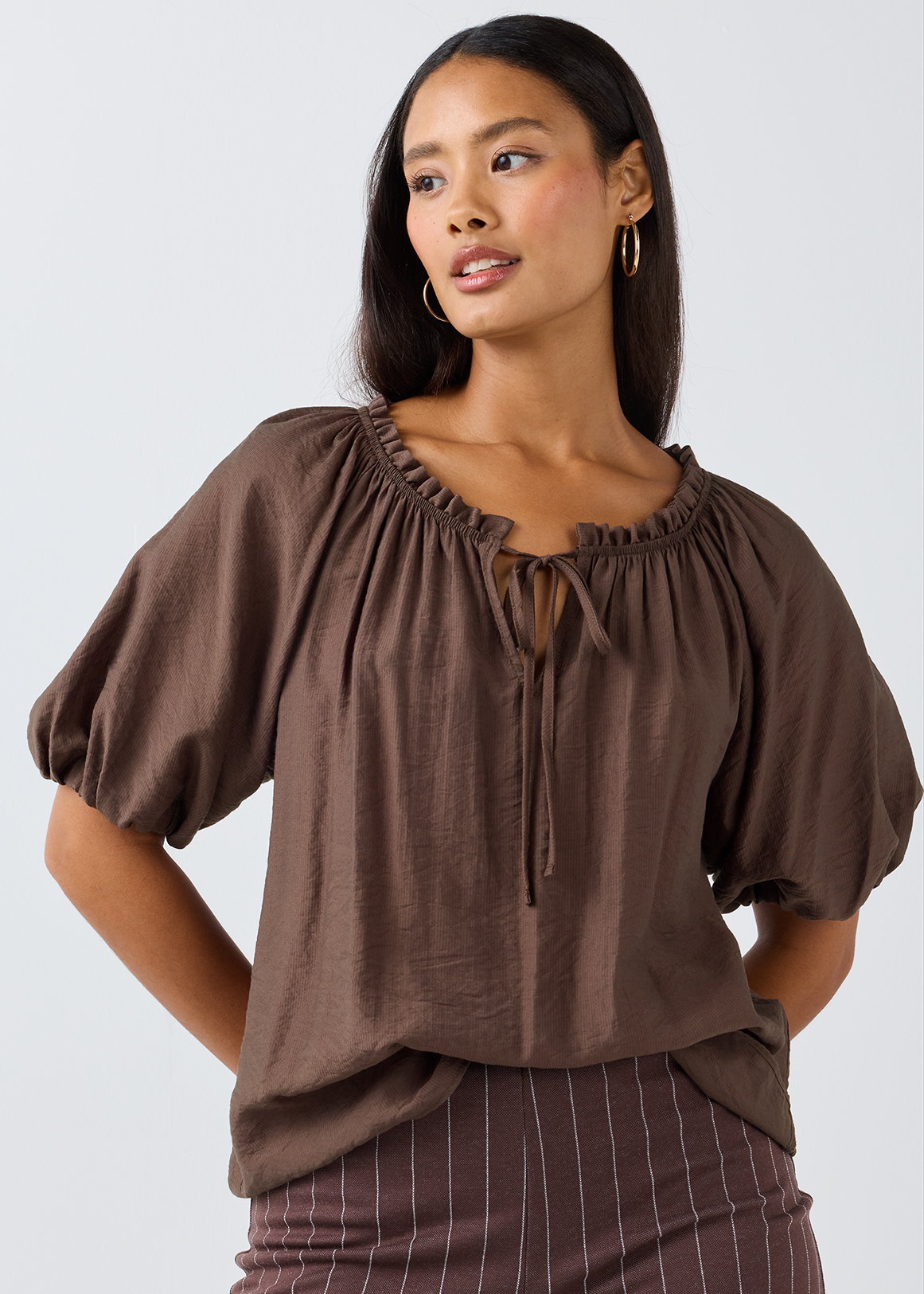 Frill Tie Neck Balloon Sleeve Blouse