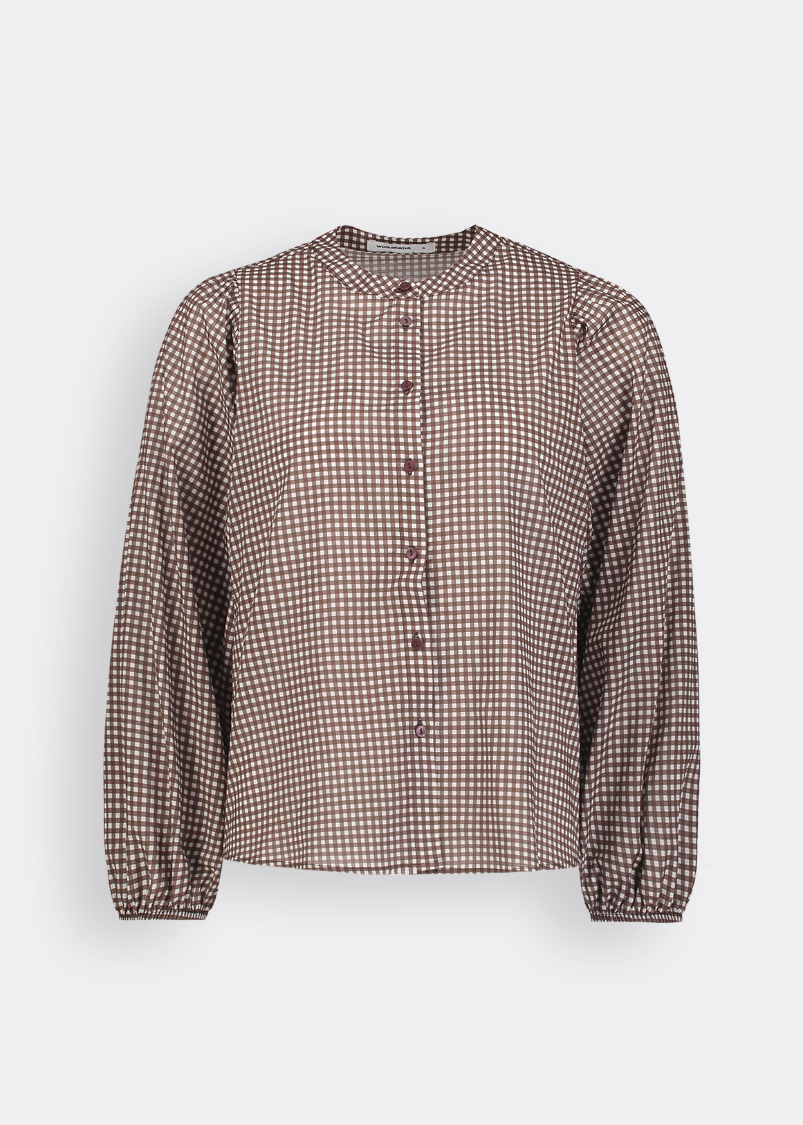 Gingham Band Collar Cotton Blouse