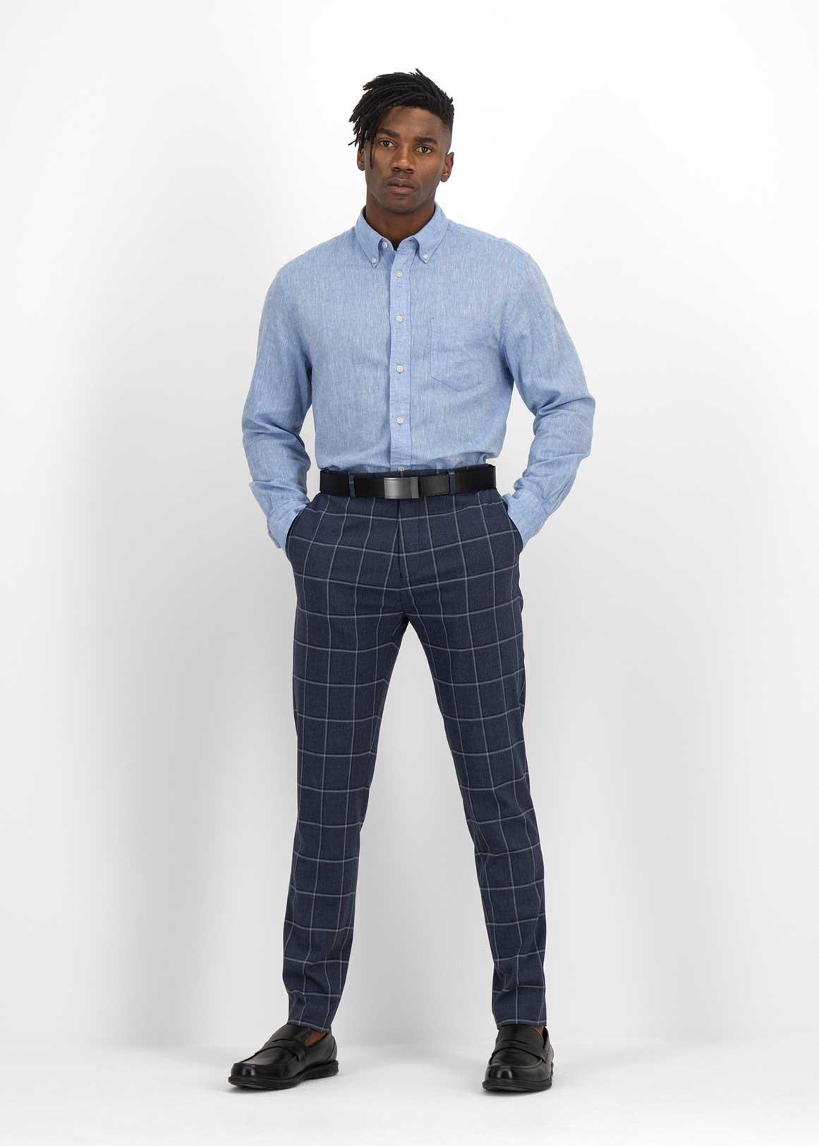 Grid Check Flat Front Viscose Blend Trousers