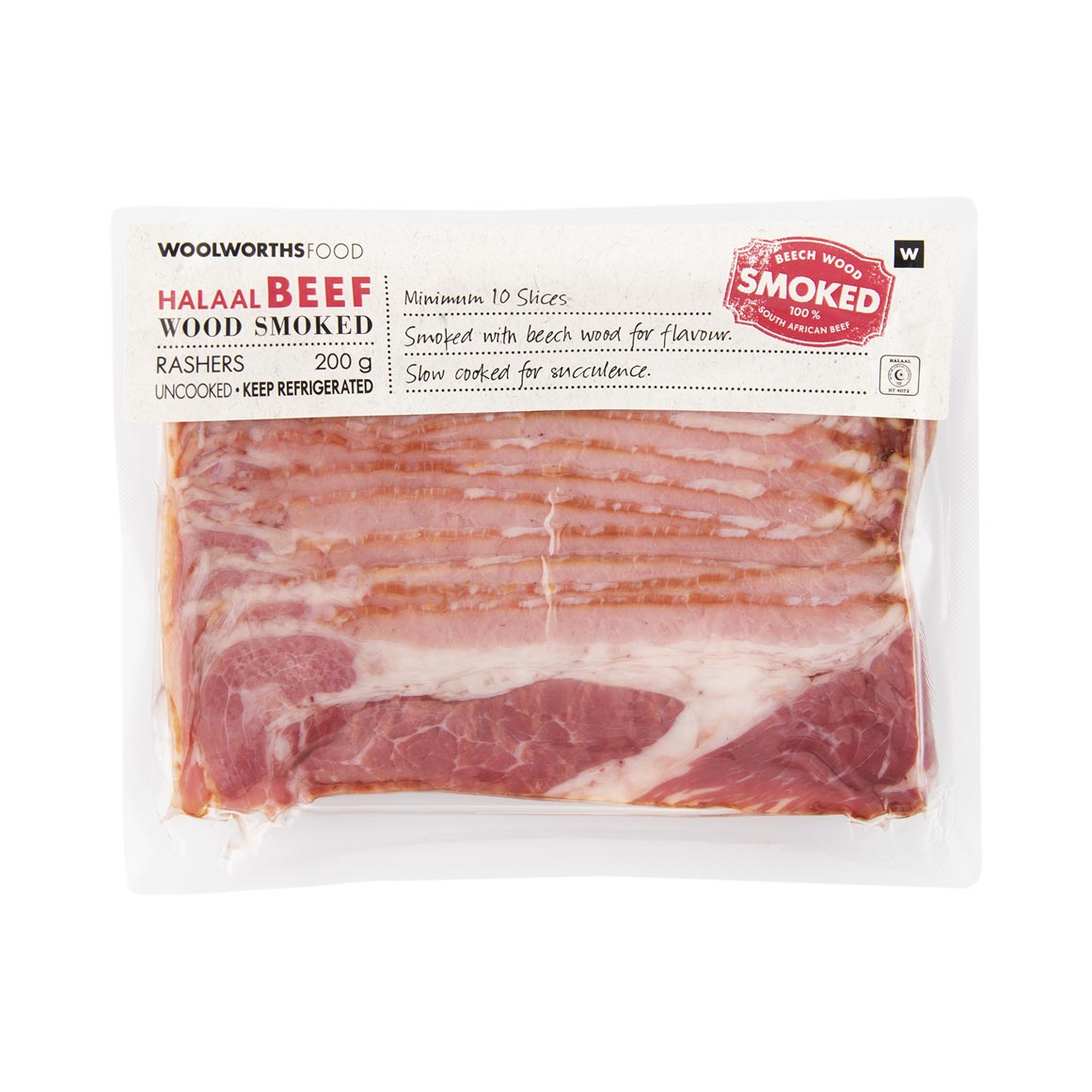 Halaal Beef Beech Wood Smoked Rashers 200 g | Woolworths.co.za