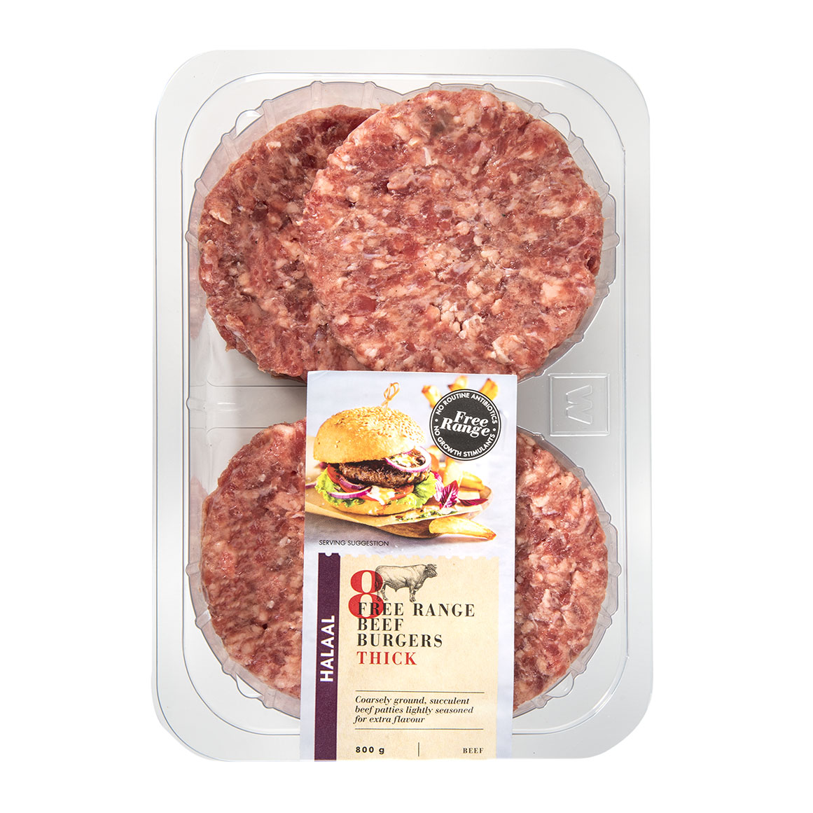 Halaal Thick Free Range Beef Burgers 8 pk