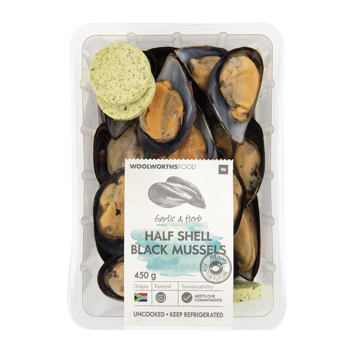 Half Shell Black Mussels with Garlic & Herb Butter 450g | Woolworths.co.za