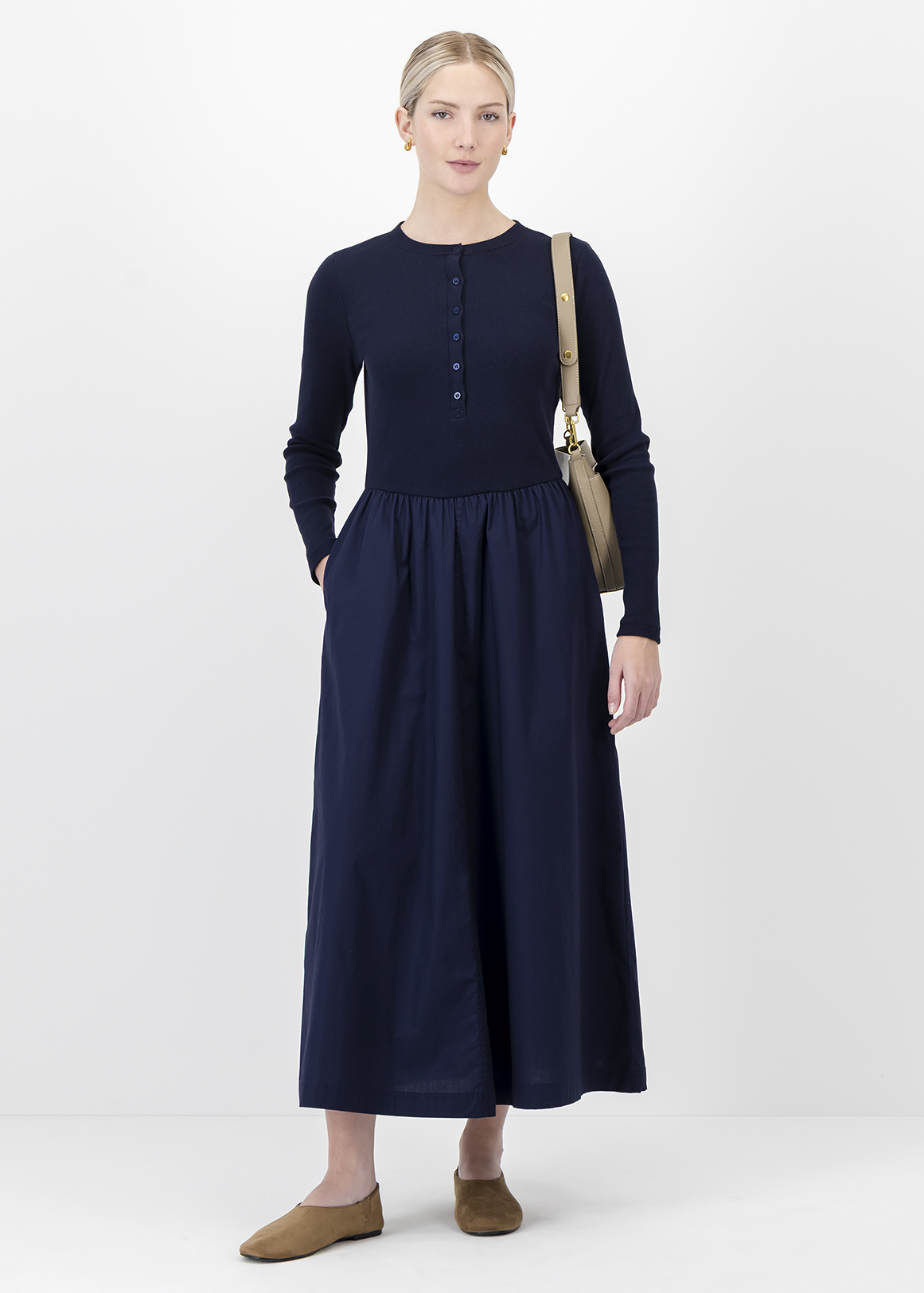 Henley Ribbed Woven Midi Dress