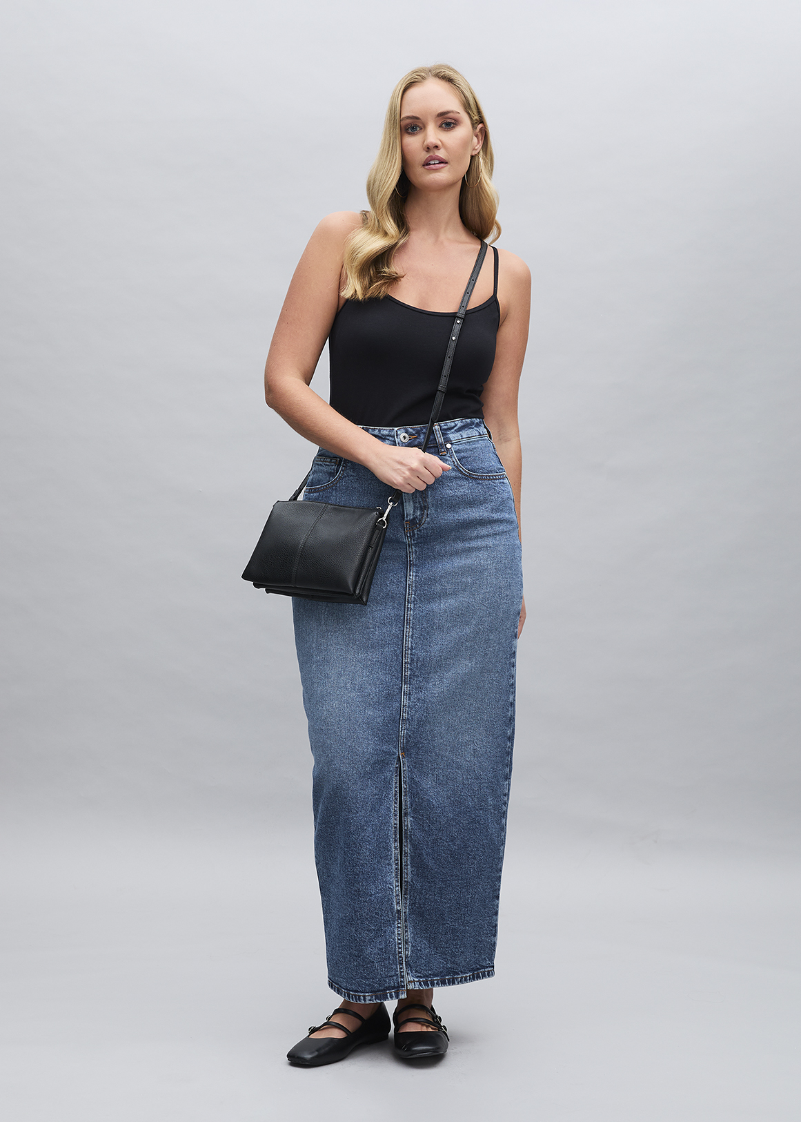 High Rise Denim Maxi Skirt