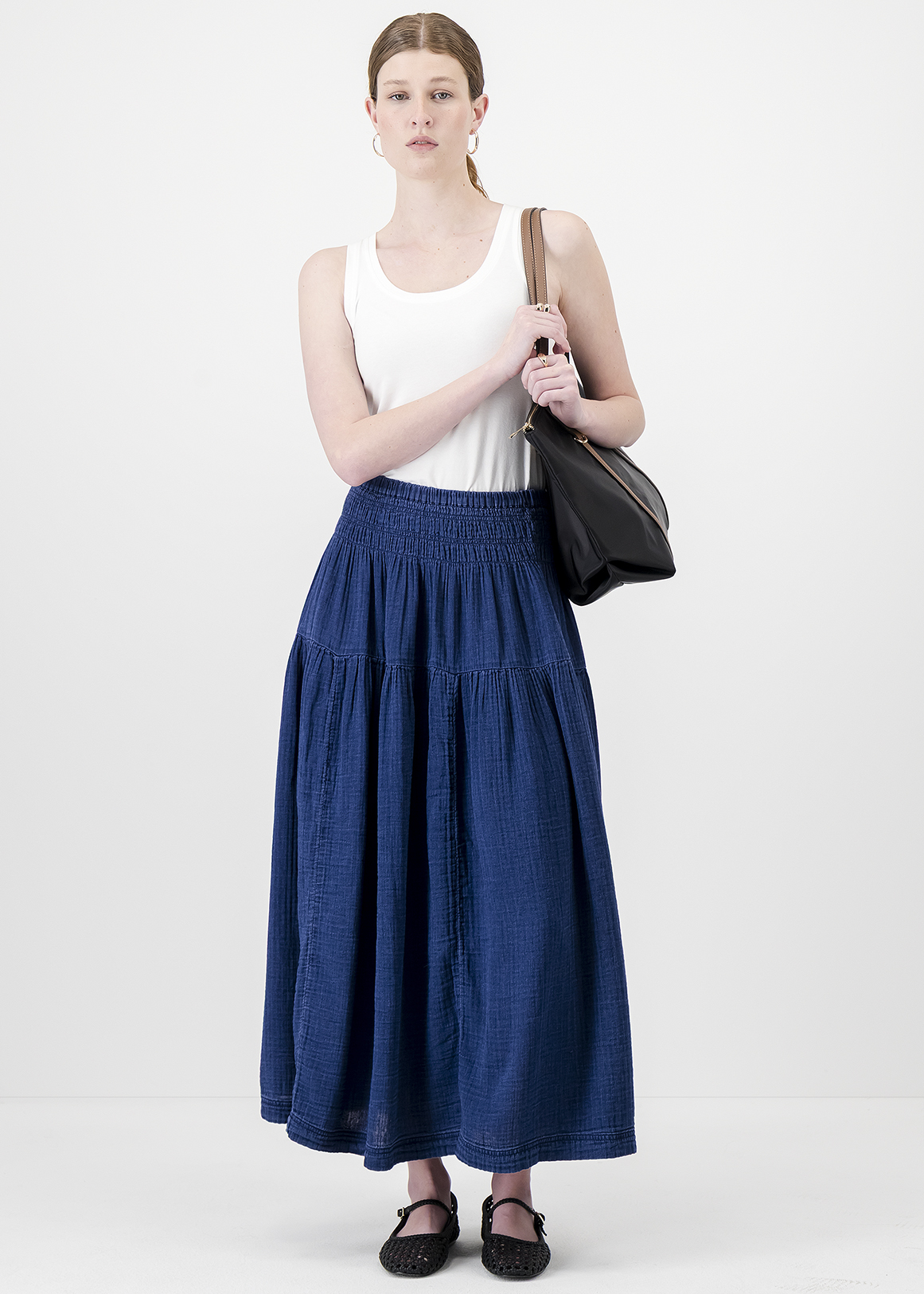 High Rise Denim Maxi Skirt
