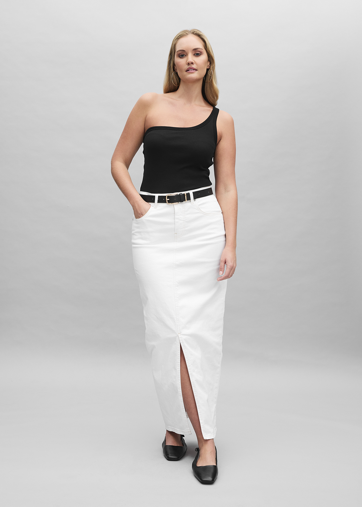 High Rise Denim Maxi Skirt