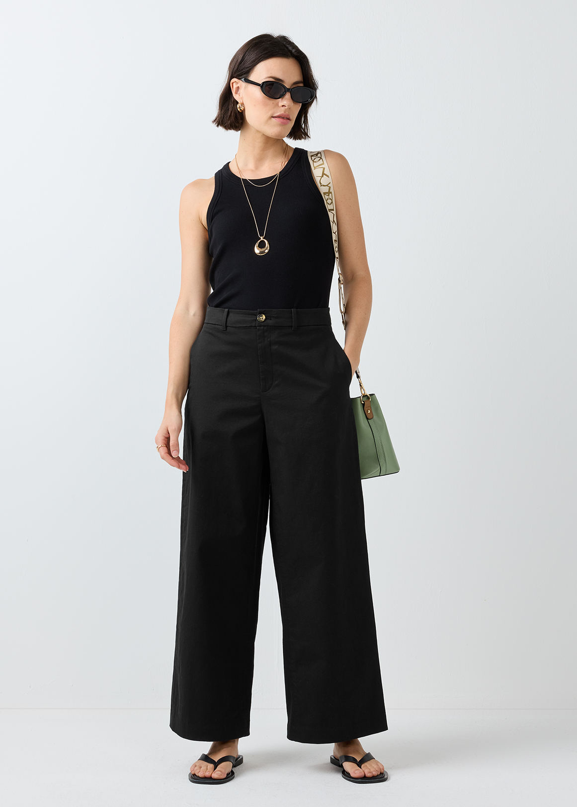 High Rise Stretch Cotton Wide Leg Chinos