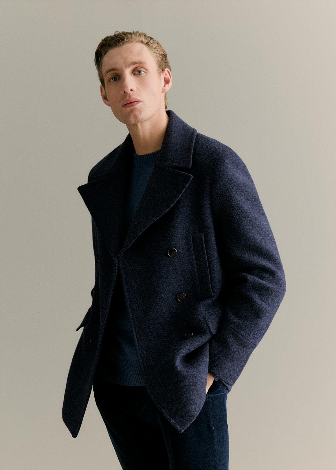 Italian Wool Blend Herringbone Peacoat