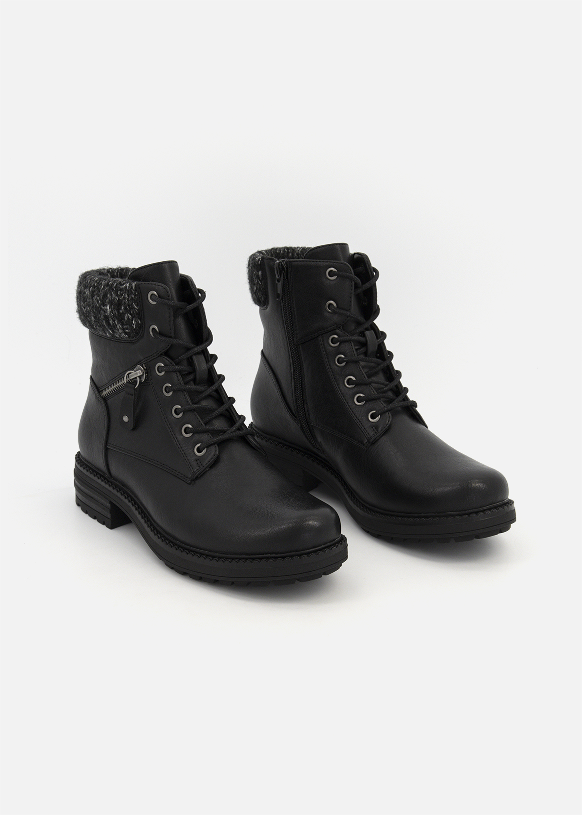 Knit Cuff Zip Detail Lace-up Ankle Boots
