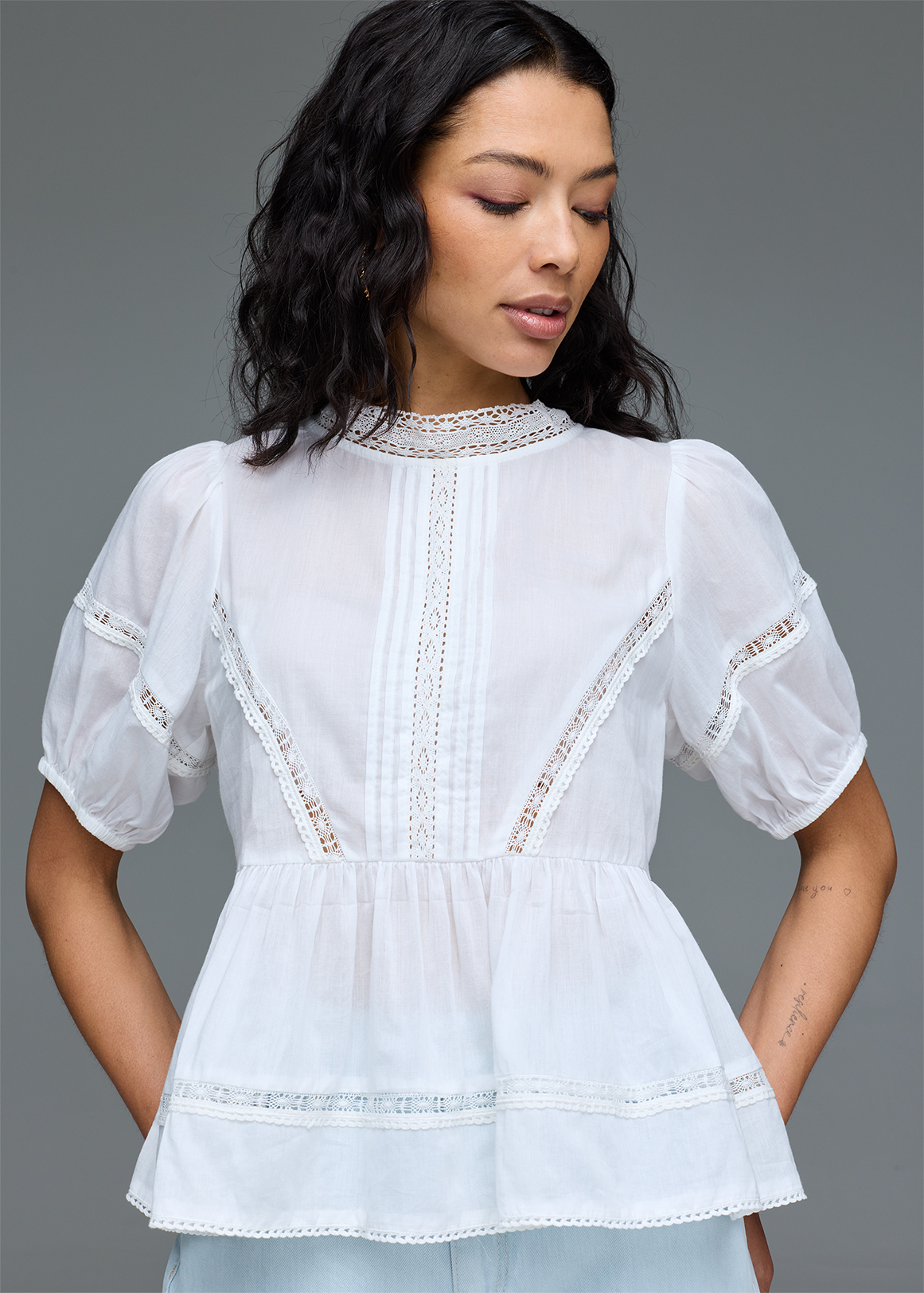Lace Inset Cotton Peplum Blouse