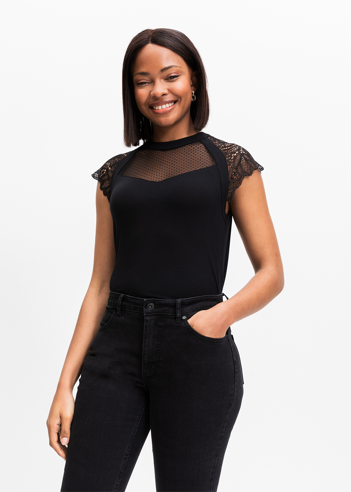 Lace & Mesh Inset Cap Sleeve Top