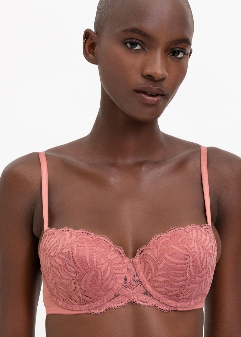Lace balconette bra with feathers Woman, Pink