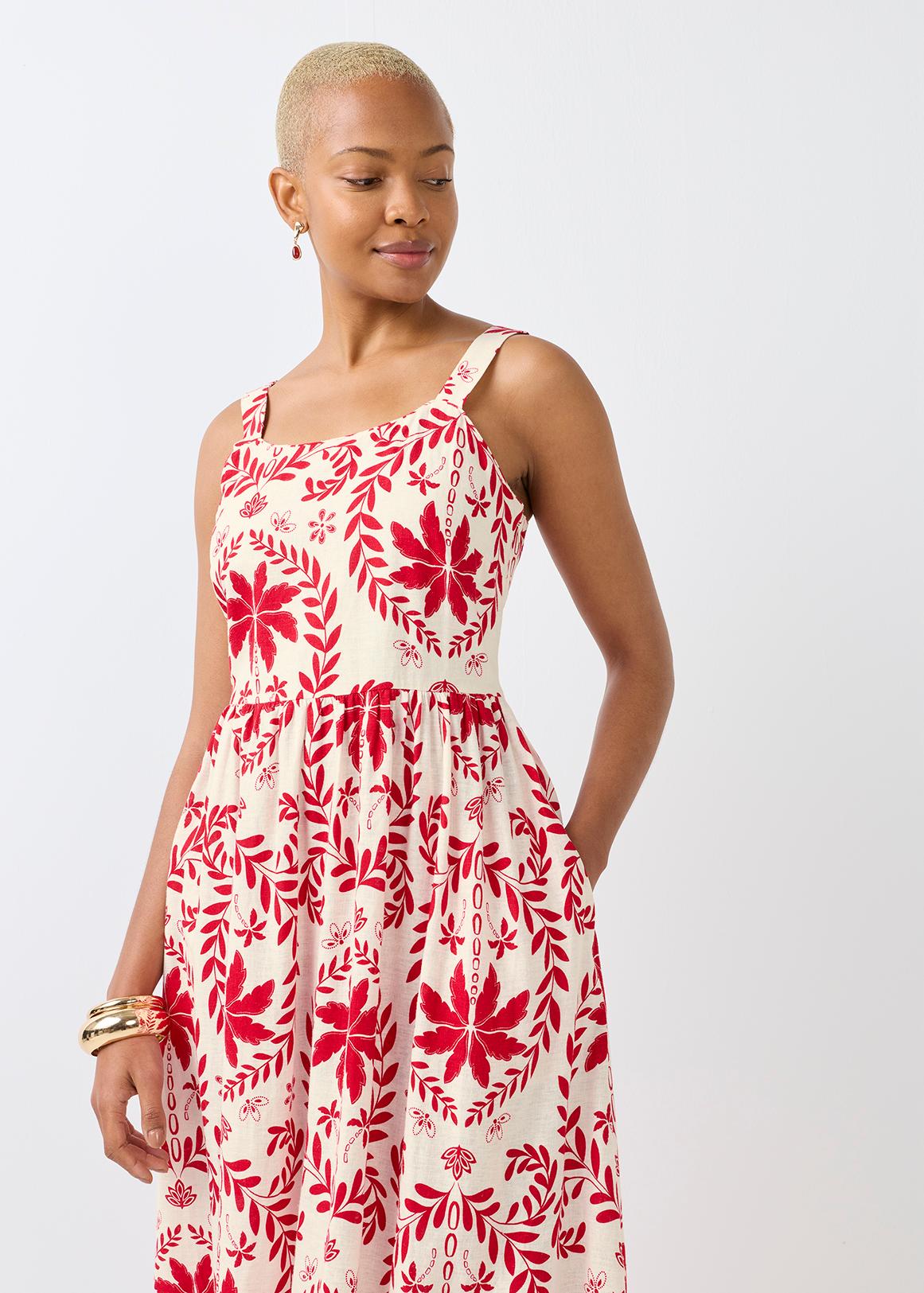 Leaf Print Strappy Linen Blend Midi Dress | Woolworths.co.za Leaf Print Strappy Linen Blend Midi Dress | Woolworths.co.za