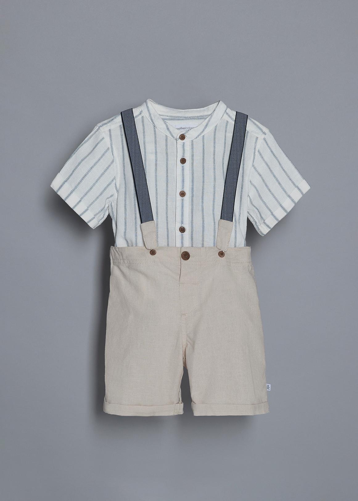 Linen Blend Shirt, Shorts Braces Set