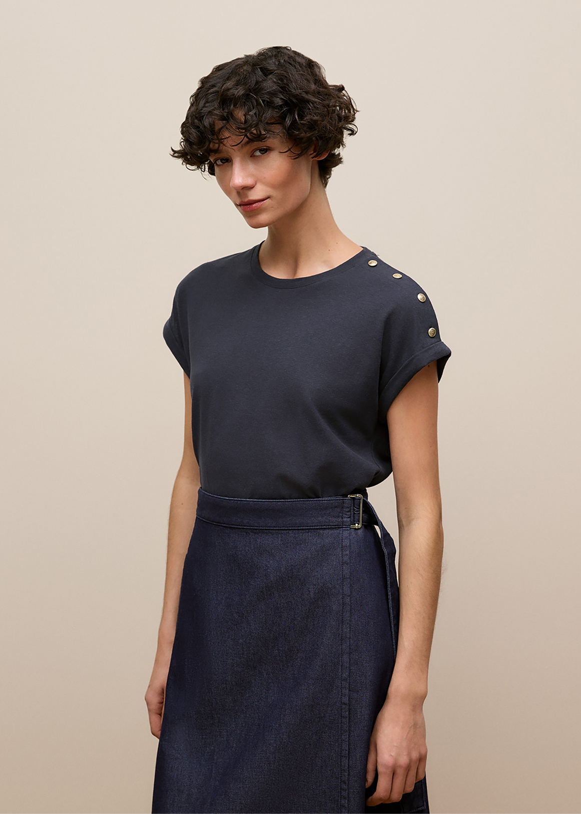 Linen Cotton Button Detail T-shirt