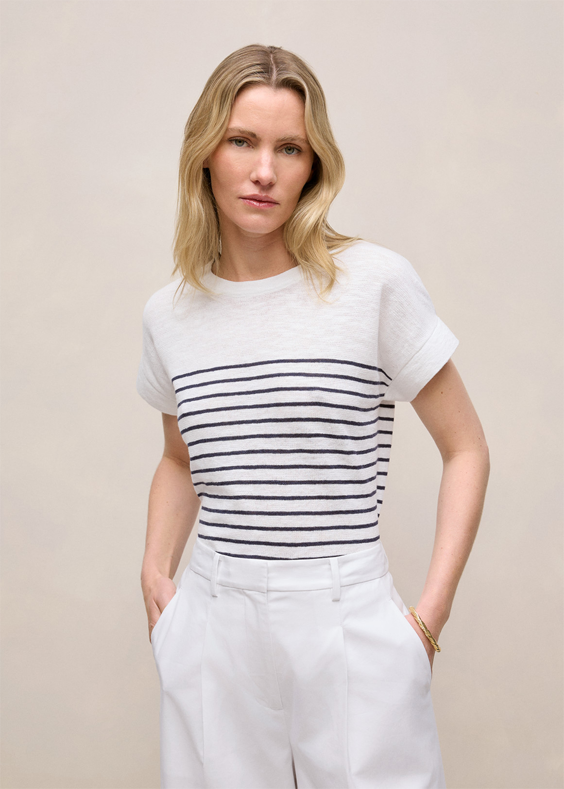Linen Cotton Stripe Relaxed Crew T-shirt