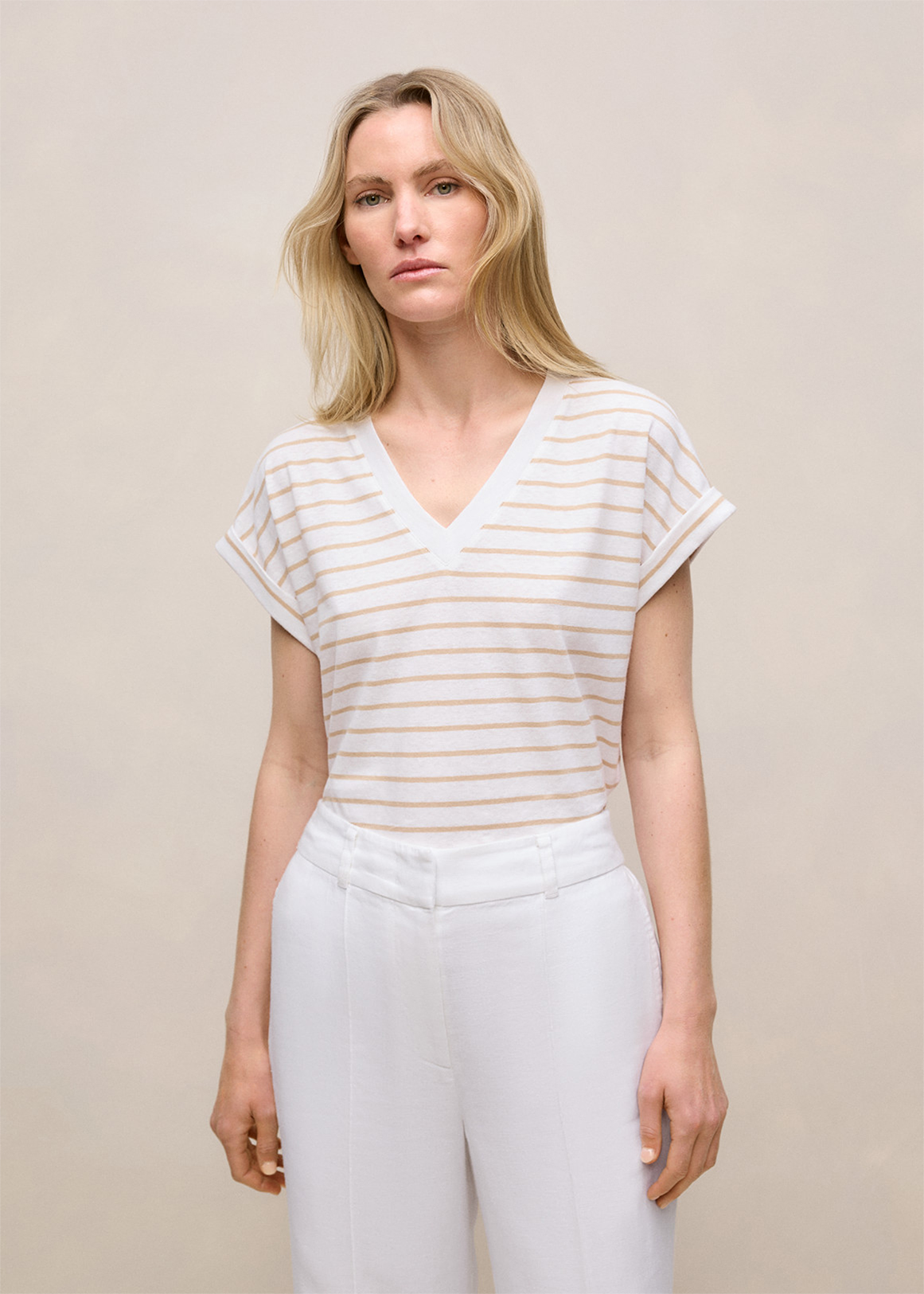 Linen Cotton Stripe V Neck Tee